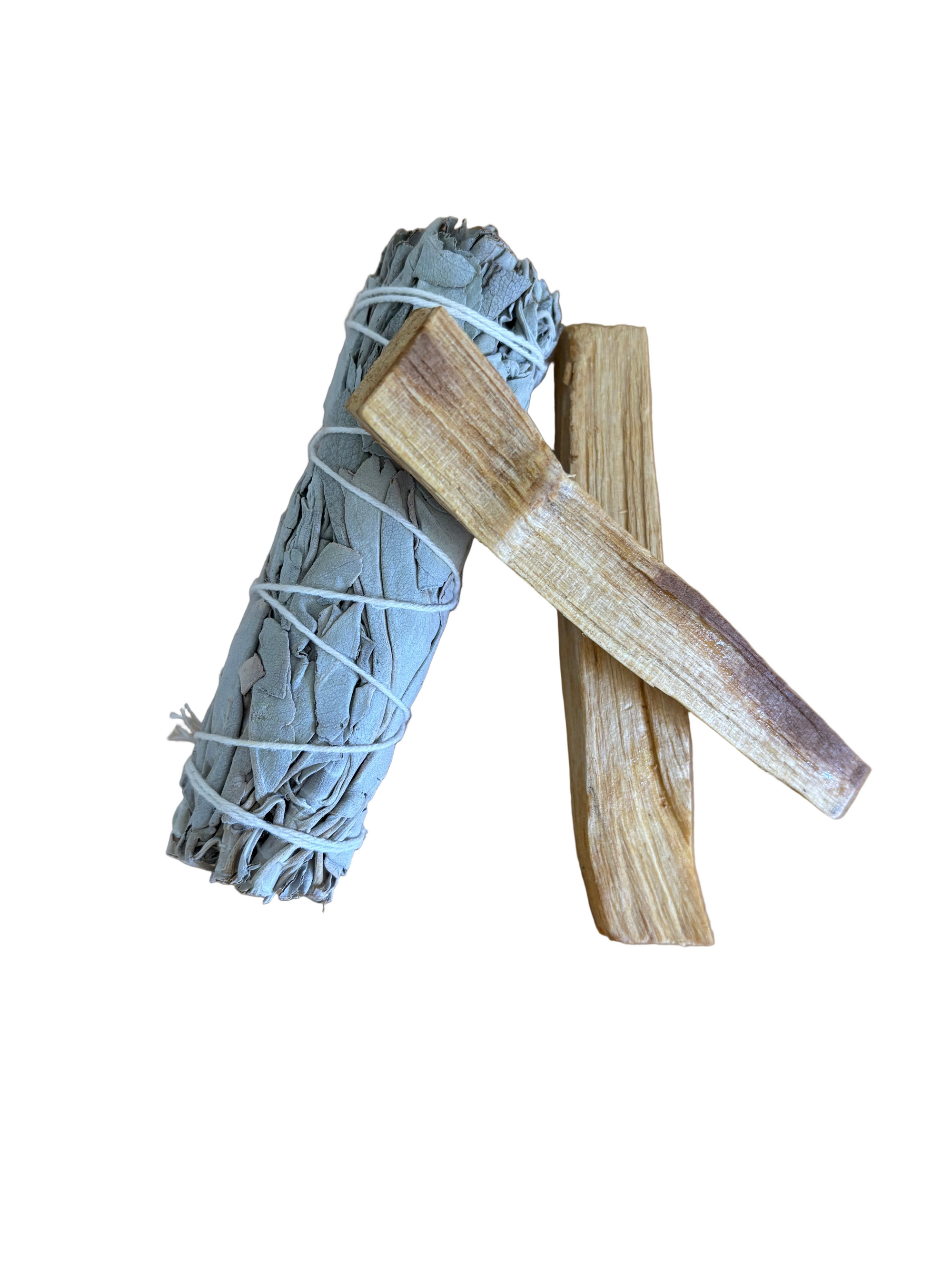 White sage smudge stick wrapped in organic cotton. Palo Santo holly wood smudge sticks