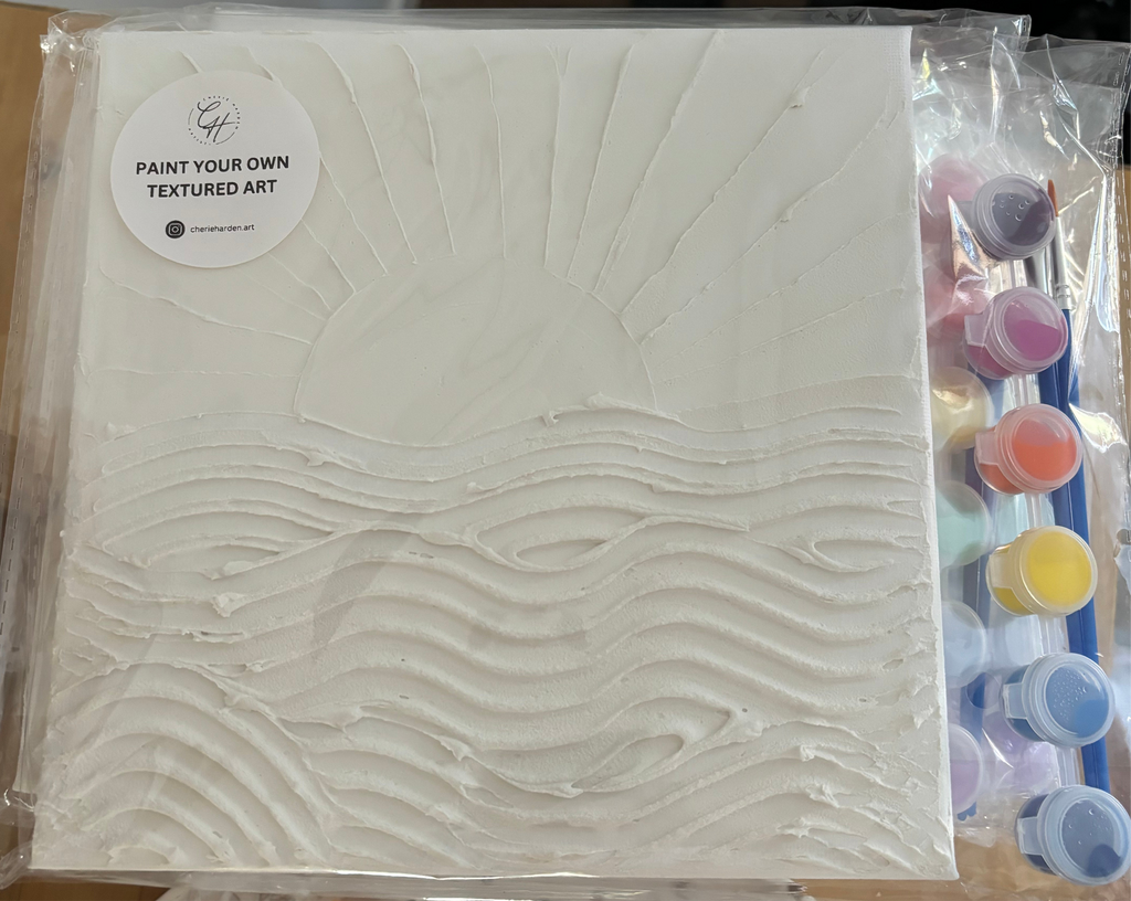 A sealed plastic packaging containing a 'Paint Your Own Textured Art' kit with a white primed canvas visible through the clear front, alongside six paint pots in different colors and two brushes.