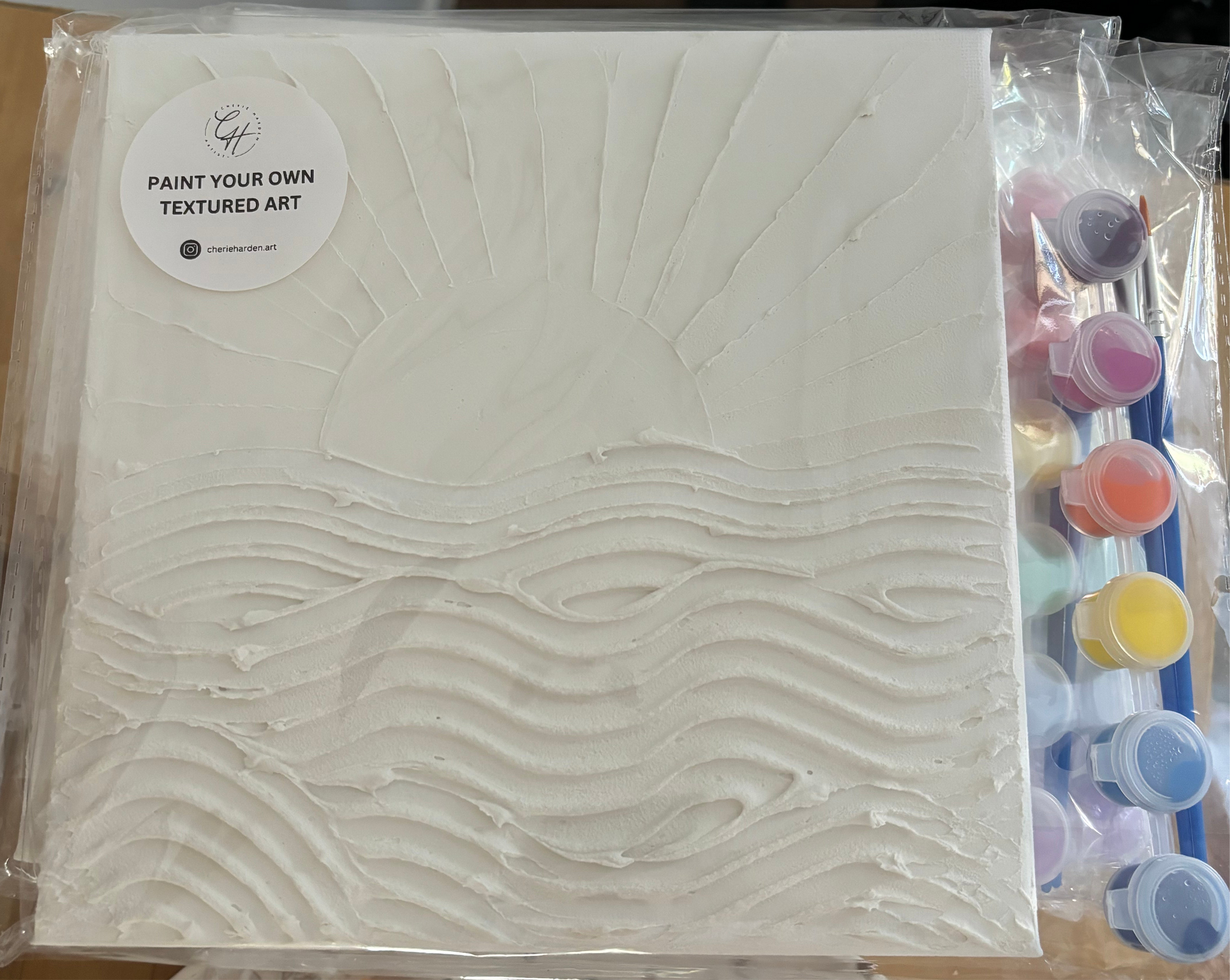 A sealed plastic packaging containing a 'Paint Your Own Textured Art' kit with a white primed canvas visible through the clear front, alongside six paint pots in different colors and two brushes.