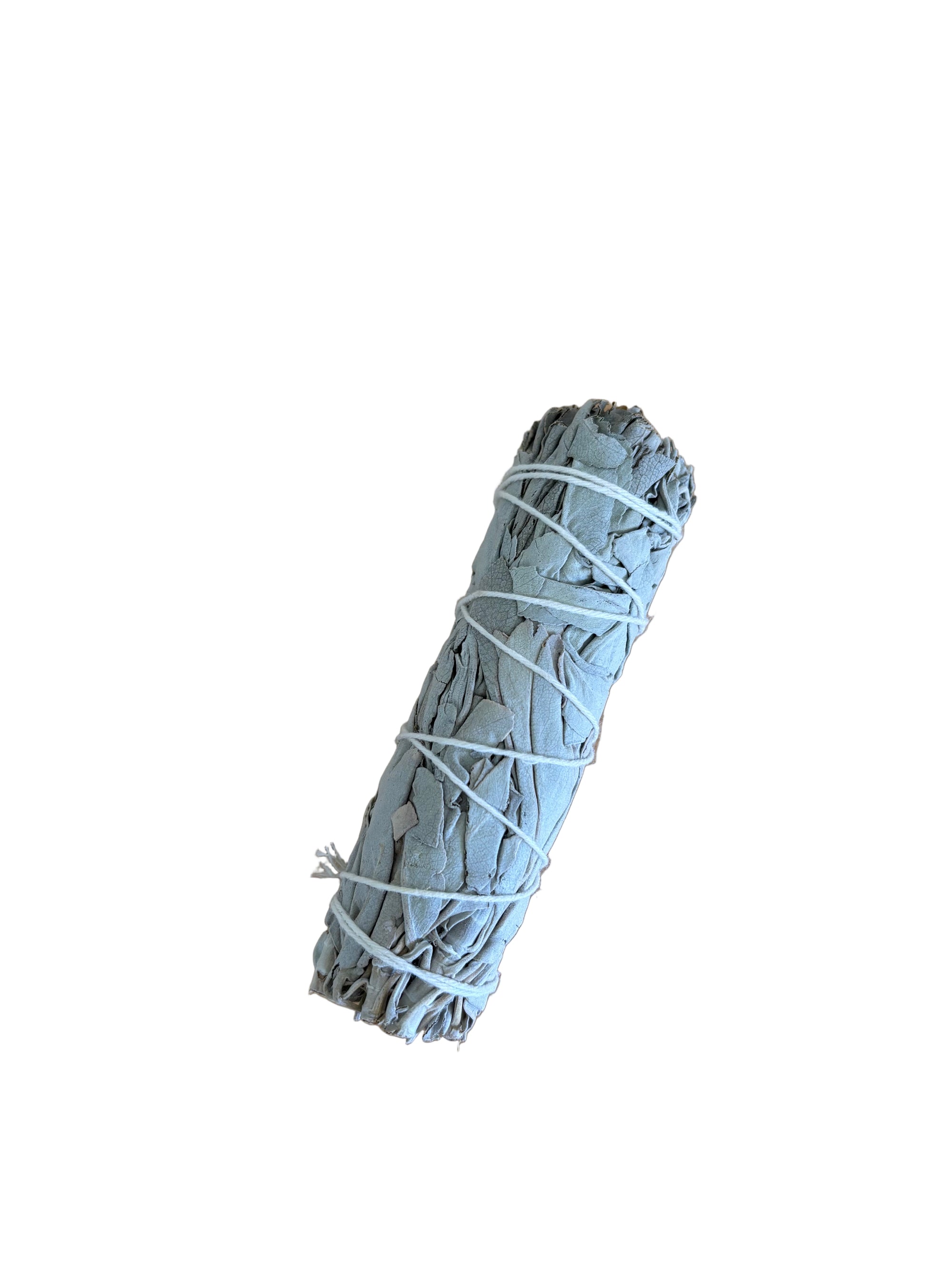 A single white sage smudge stick bound with white organic cotton